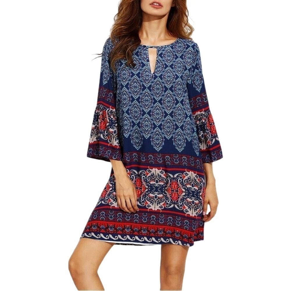 RISESUN Navy Blue Medallion Paisley Boho Shift Dress 3/4‎ Bell Sleeve Keyhole L